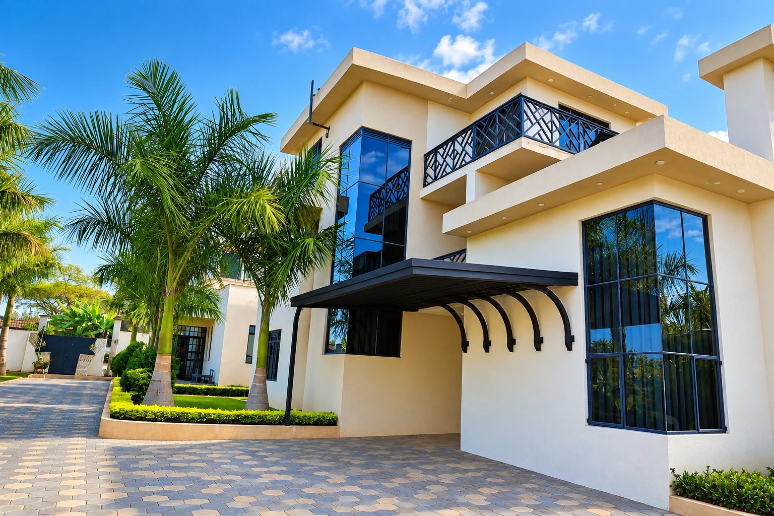 The main house at Lela Residence, with palm trees and expansive windows